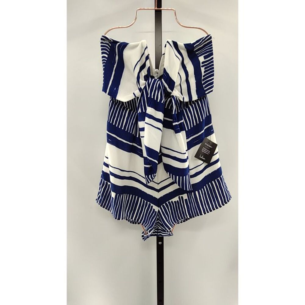 Lulus Delphi Tie-Front Strapless Romper Blue And White Stripe Jumpsuit S - Picture 2 of 3